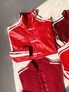 Comfortcana Women's Casual Versatile Daily Jacket, Winter Jacket , Christmas Outfit For Women, Red Jacket, Shiny, PU Jacket, Frog Button, Mandarin Collar - Red - View 5