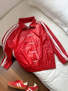 Comfortcana Women's Casual Versatile Daily Jacket, Winter Jacket , Christmas Outfit For Women, Red Jacket, Shiny, PU Jacket, Frog Button, Mandarin Collar - Red - View 7