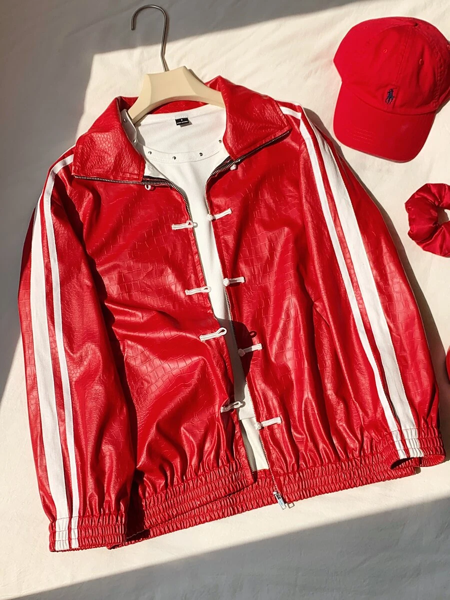 Comfortcana Women's Casual Versatile Daily Jacket, Winter Jacket , Christmas Outfit For Women, Red Jacket, Shiny, PU Jacket, Frog Button, Mandarin Collar - Red - View 1