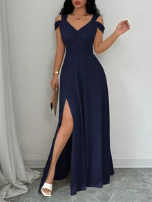 Rafferiza V-Neck Cinched Waist Vintage French Style Women Dress Fall Cloth For Women - Navy Blue - View 4