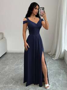 Rafferiza V-Neck Cinched Waist Vintage French Style Women Dress Fall Cloth For Women - Navy Blue - View 9