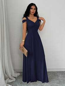 Rafferiza V-Neck Cinched Waist Vintage French Style Women Dress Fall Cloth For Women - Navy Blue - View 8