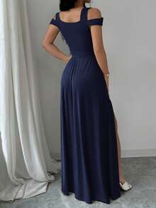 Rafferiza V-Neck Cinched Waist Vintage French Style Women Dress Fall Cloth For Women - Navy Blue - View 2