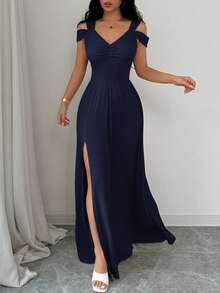 Rafferiza V-Neck Cinched Waist Vintage French Style Women Dress Fall Cloth For Women - Navy Blue - View 6