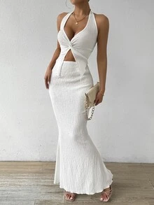 Rafferiza 女士夏季純色扭結前綁頸背心短上衣和魚尾中長裙優雅套裝 - 白色 - 查看 7