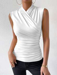 Rafferiza Women's Fashion Summer Solid Color Crisscross Pleated Sleeveless Tank Top - White - View 7
