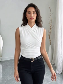 Rafferiza Women's Fashion Summer Solid Color Crisscross Pleated Sleeveless Tank Top - White - View 1