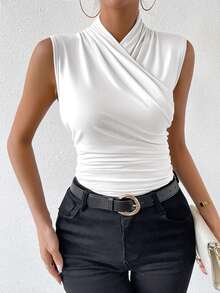 Rafferiza Women's Fashion Summer Solid Color Crisscross Pleated Sleeveless Tank Top - White - View 6