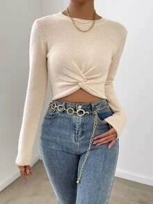 SHEIN Raffinéa Twist Front Round Neck Crop Sweater,Long Sleeve Tops Knit Pullover Fall Winter - Apricot - View 4