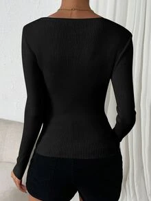 SHEIN Raffinéa Sweetheart Neck Ribbed Knit Sweater,Long Sleeve Tops Knit Pullover Fall Winter Sweater - Black - View 2