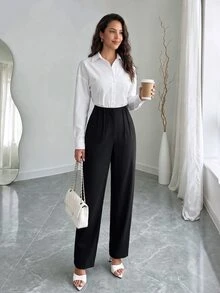 Rafferiza Pantalones rectos plisados plegables lisos - Negro - Ver 2