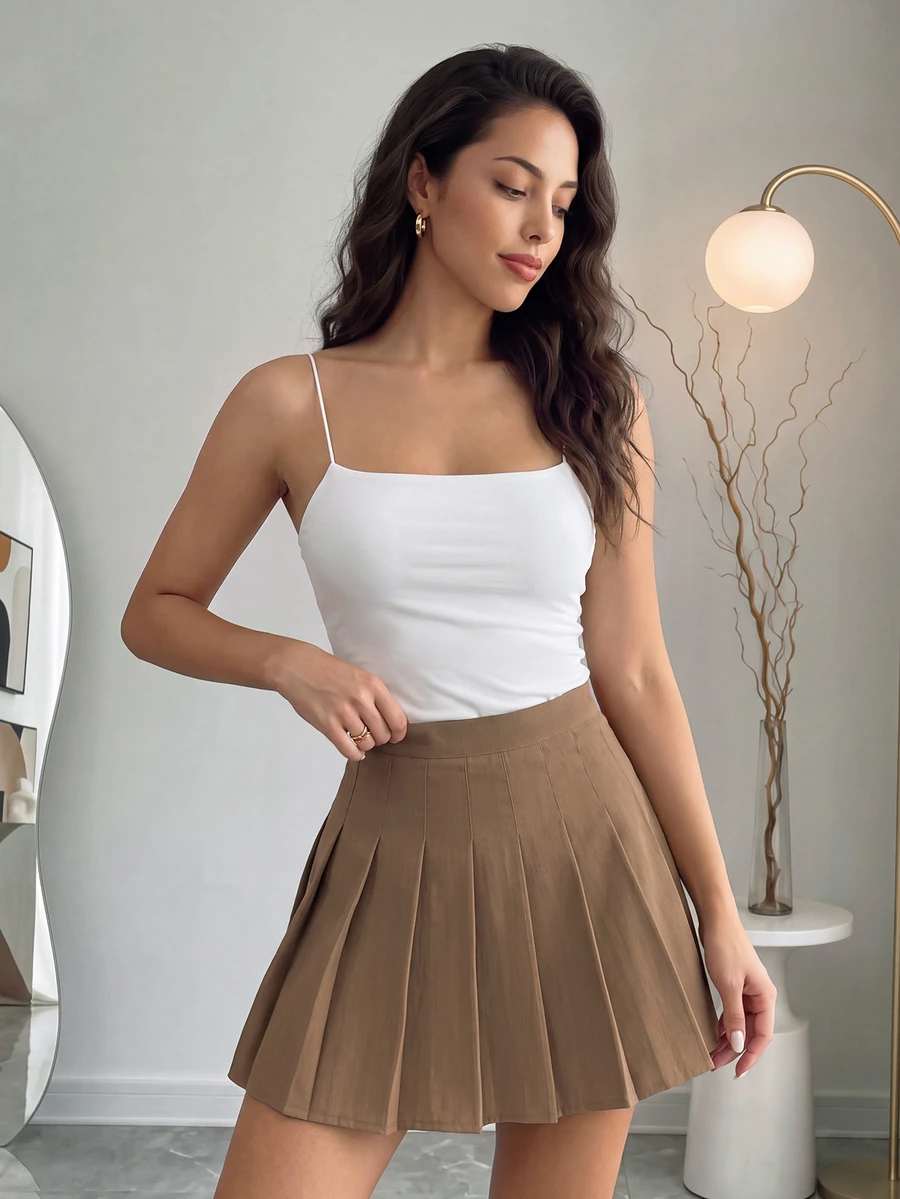 SHEIN Raffinéa Zip Back Pleated Skirt - Mocha Brown - View 1