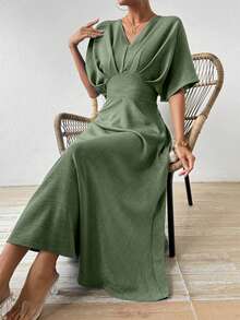 Rafferiza Women's V-Neck Waist Cinched Batwing Short Sleeve Dress Maxi Women Outfit - Green - View 3