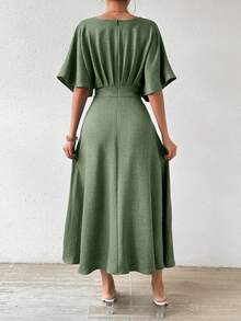 Rafferiza Women's V-Neck Waist Cinched Batwing Short Sleeve Dress Maxi Women Outfit - Green - View 2