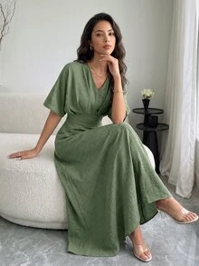 Rafferiza Women's V-Neck Waist Cinched Batwing Short Sleeve Dress Maxi Women Outfit - Green - View 1