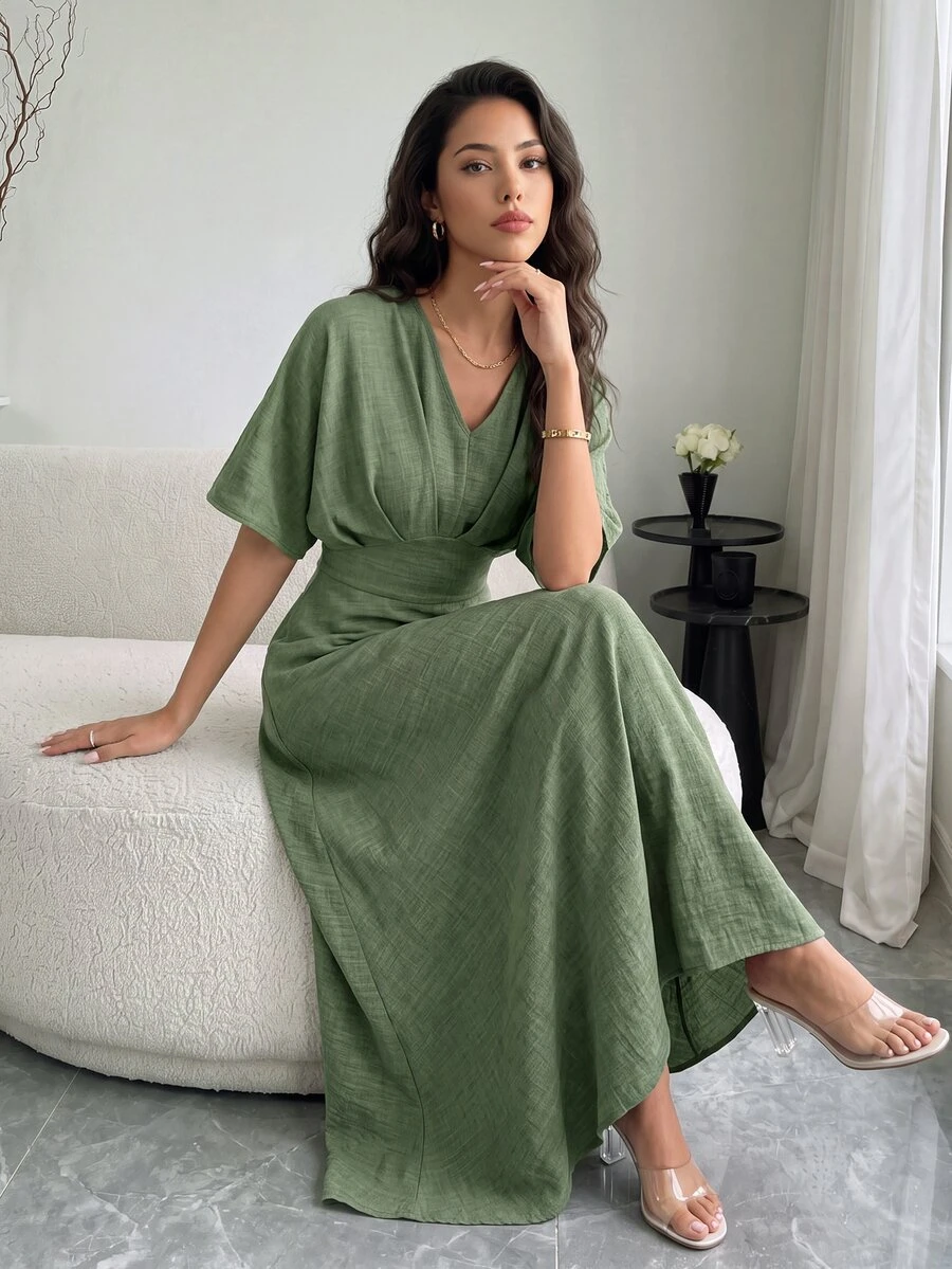 Rafferiza Women's V-Neck Waist Cinched Batwing Short Sleeve Dress Maxi Women Outfit - Green - View 1