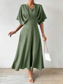 Rafferiza Women's V-Neck Waist Cinched Batwing Short Sleeve Dress Maxi Women Outfit - Green - View 4