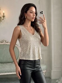 Rafferiza Women's Elegant V-Neck Sparkle Party Occasion Tank Top - Apricot - View 1