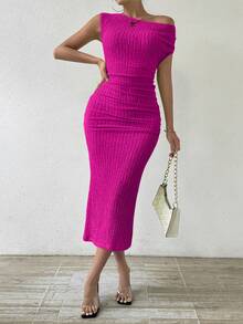 Rafferiza Women's Solid Color Asymmetric-Neckline Pleated Summer Dress Maxi Women Outfit - Hot Pink - View 3