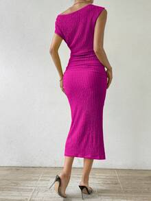 Rafferiza Women's Solid Color Asymmetric-Neckline Pleated Summer Dress Maxi Women Outfit - Hot Pink - View 2