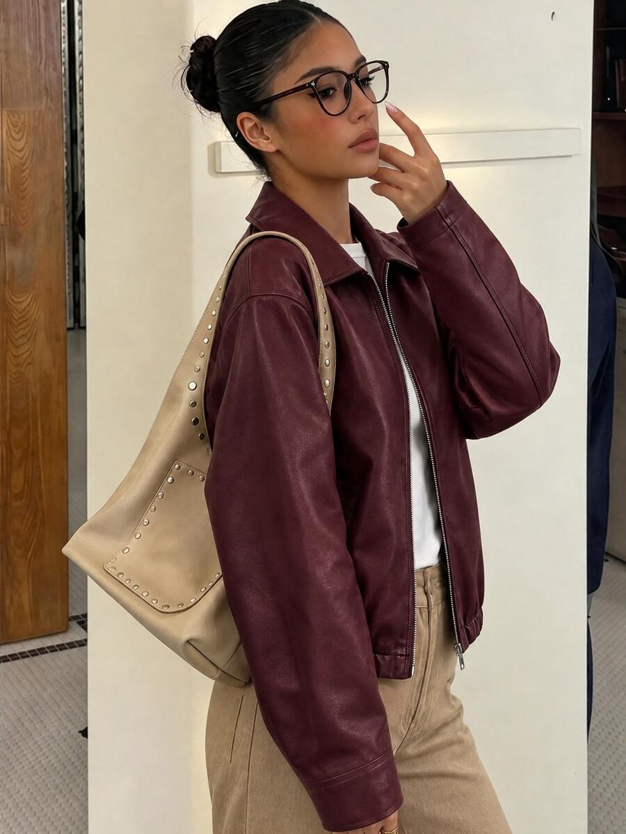 SHEIN Sparklyn Teen GirlAutumn/Winter Casual Daily High-End School Commute Ins Style Versatile PU Leather Turn Collar Loose Jacket, Fall Clothes, Fleece, Long Sleeve