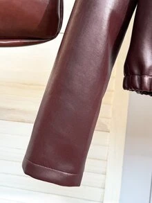 SHEIN Sparklyn Teen GirlAutumn/Winter Casual Daily High-End School Commute Ins Style Versatile PU Leather Turn Collar Loose Jacket, Fall Clothes, Fleece, Long Sleeve - Burgundy - View 9