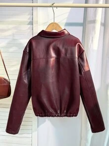 SHEIN Sparklyn Teen GirlAutumn/Winter Casual Daily High-End School Commute Ins Style Versatile PU Leather Turn Collar Loose Jacket, Fall Clothes, Fleece, Long Sleeve - Burgundy - View 3