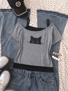 SHEIN Sparklyn Tween Girl 2 In 1 Streetwear Cute Casual T-Shirt, Grey Cat Graphic Print Cold Shoulder Short Sleeve Top, Holiday School Summer - Grey - View 5