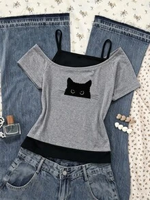 SHEIN Sparklyn Tween Girl 2 In 1 Streetwear Cute Casual T-Shirt, Grey Cat Graphic Print Cold Shoulder Short Sleeve Top, Holiday School Summer - Grey - View 4