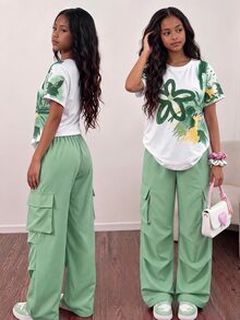 SHEIN Sparklyn Tween Girl Floral Print Short Sleeve T-Shirt And Long Pants Casual Athletic 80s Cute Daily Sport School Matching Family Outfit Winter White Green - Green - View 1