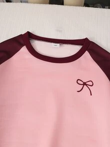 SHEIN 青少年女孩長袖抓絨秋季套裝 粉色酒紅拼接配色 羅根袖圓領運動衫 側條紋寬腿運動長褲 正式節日風 - 酒紅色 - 查看 5