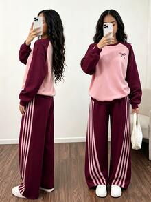 SHEIN 青少年女孩長袖抓絨秋季套裝 粉色酒紅拼接配色 羅根袖圓領運動衫 側條紋寬腿運動長褲 正式節日風 - 酒紅色 - 查看 3