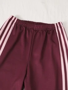 SHEIN 青少年女孩長袖抓絨秋季套裝 粉色酒紅拼接配色 羅根袖圓領運動衫 側條紋寬腿運動長褲 正式節日風 - 酒紅色 - 查看 7
