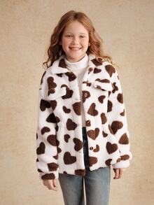 SHEIN Tween Girl Plush Collar Waist Casual Versatile Jacket, Autumn/Winter Fall - Multicolor - View 4
