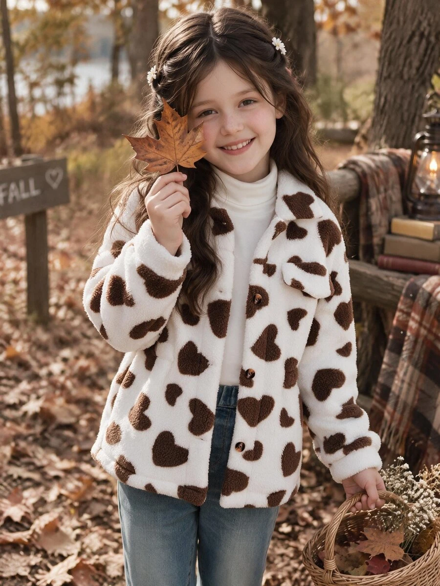 SHEIN Tween Girl Plush Collar Waist Casual Versatile Jacket, Autumn/Winter Fall - Multicolor - View 1