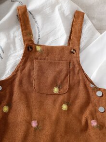 SHEIN Young Girls Young Girl Cute Brown Check Pattern Overall Dress With Shoulder Dress,Autumn/Winter Thickened Warm Floral Embroidery,Halloween,Christmas - Multicolor - View 5