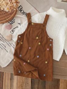 SHEIN Young Girls Young Girl Cute Brown Check Pattern Overall Dress With Shoulder Dress,Autumn/Winter Thickened Warm Floral Embroidery,Halloween,Christmas - Multicolor - View 4