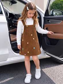 SHEIN Young Girls Young Girl Cute Brown Check Pattern Overall Dress With Shoulder Dress,Autumn/Winter Thickened Warm Floral Embroidery,Halloween,Christmas - Multicolor - View 3
