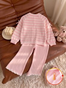 SHEIN Genkimix Kids Young Girl Striped Knit Cardigan Fleece Lined Flare Pants Bow Set Birthday Gifts Fall,Christmas Party Sets - Pink - View 2
