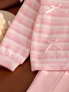 SHEIN Genkimix Kids Young Girl Striped Knit Cardigan Fleece Lined Flare Pants Bow Set Birthday Gifts Fall,Christmas Party Sets - Pink - View 6