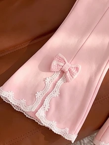 SHEIN Genkimix Kids Young Girl Striped Knit Cardigan Fleece Lined Flare Pants Bow Set Birthday Gifts Fall,Christmas Party Sets - Pink - View 8