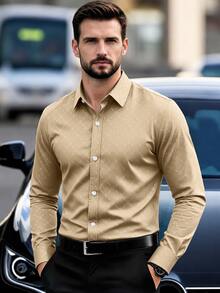 Calvornis Men's Button Down Long Sleeve Slim Fit Business Formal Shirt, Long Sleeve Men Shirt, Old Money - Apricot - View 3