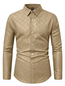 Calvornis Men's Button Down Long Sleeve Slim Fit Business Formal Shirt, Long Sleeve Men Shirt, Old Money - Apricot - View 5