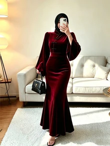SHEIN Women's Autumn/Winter Solid Color Stand Collar Frog Button Irregular Long Sleeve Elegant Retro Dress Christmas Dinner Cocktail Burgundy Slim Fit Party - Burgundy - View 7