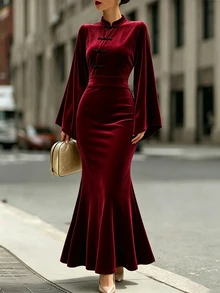SHEIN Women's Autumn/Winter Solid Color Stand Collar Frog Button Irregular Long Sleeve Elegant Retro Dress Christmas Dinner Cocktail Burgundy Slim Fit Party - Burgundy - View 5