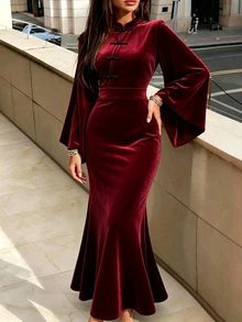 SHEIN Women's Autumn/Winter Solid Color Stand Collar Frog Button Irregular Long Sleeve Elegant Retro Dress Christmas Dinner Cocktail Burgundy Slim Fit Party - Burgundy - View 8