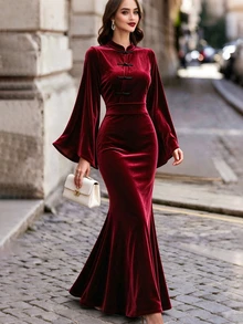 SHEIN Women's Autumn/Winter Solid Color Stand Collar Frog Button Irregular Long Sleeve Elegant Retro Dress Christmas Dinner Cocktail Burgundy Slim Fit Party - Burgundy - View 1