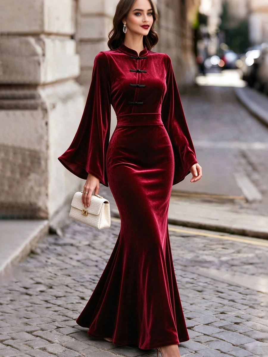 SHEIN Women's Autumn/Winter Solid Color Stand Collar Frog Button Irregular Long Sleeve Elegant Retro Dress Christmas Dinner Cocktail Burgundy Slim Fit Party - Burgundy - View 1
