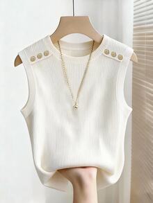 SHEIN Franclia 女士无袖装饰纽扣背心，适合居家、日常穿着、外出、旅行、商务场合。 - 米色 - 查看 4