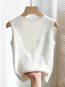 SHEIN Franclia 女士无袖装饰纽扣背心，适合居家、日常穿着、外出、旅行、商务场合。 - 米色 - 查看 3